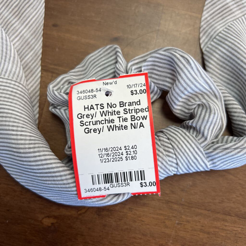 Grey/ White Striped Scrunchie Tie Bow