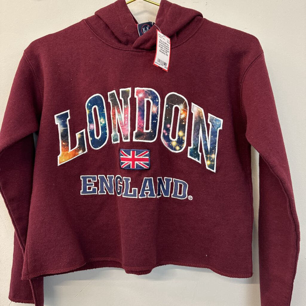 Burgundy London England Graphic Cropped Hoodie S/M