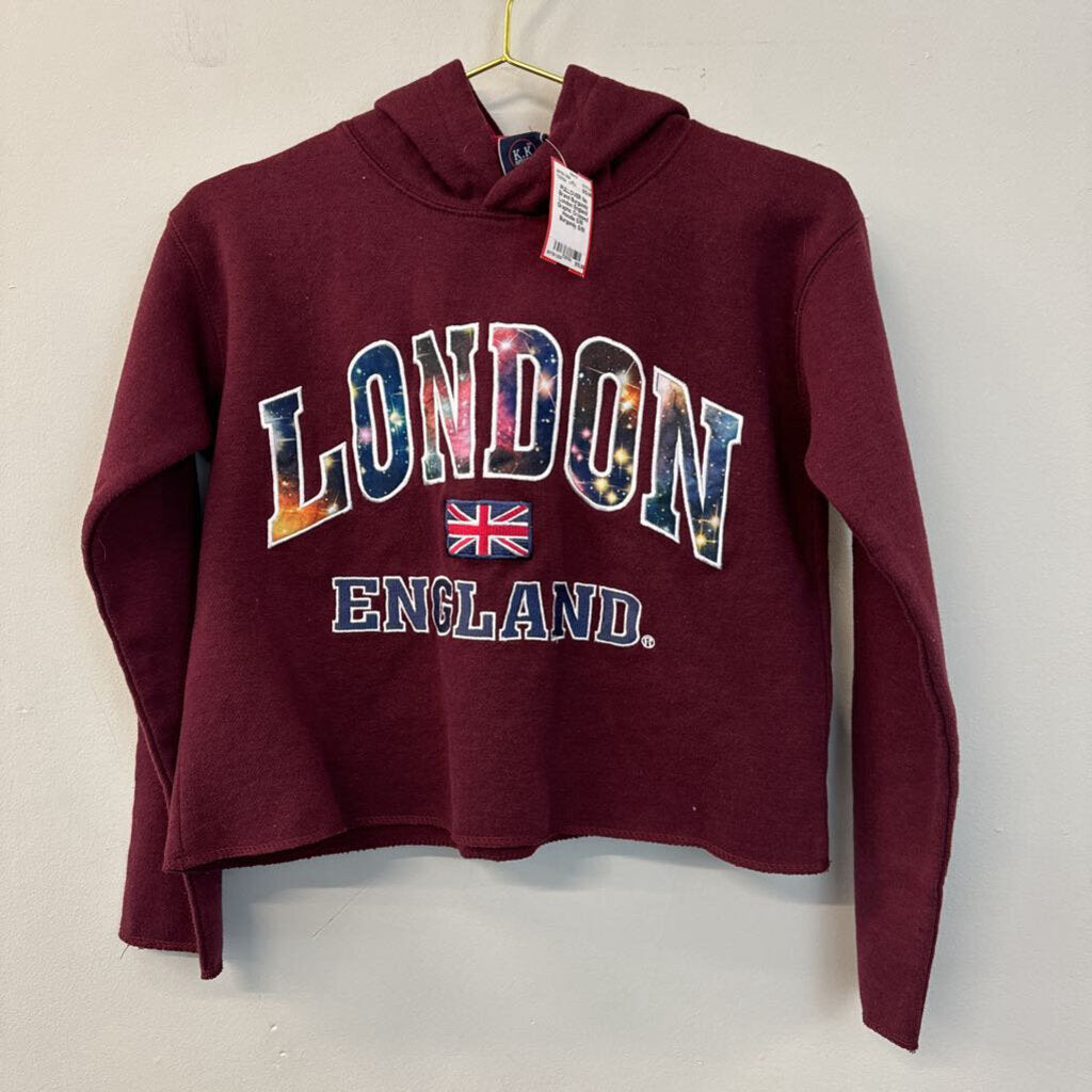 Burgundy London England Graphic Cropped Hoodie S/M