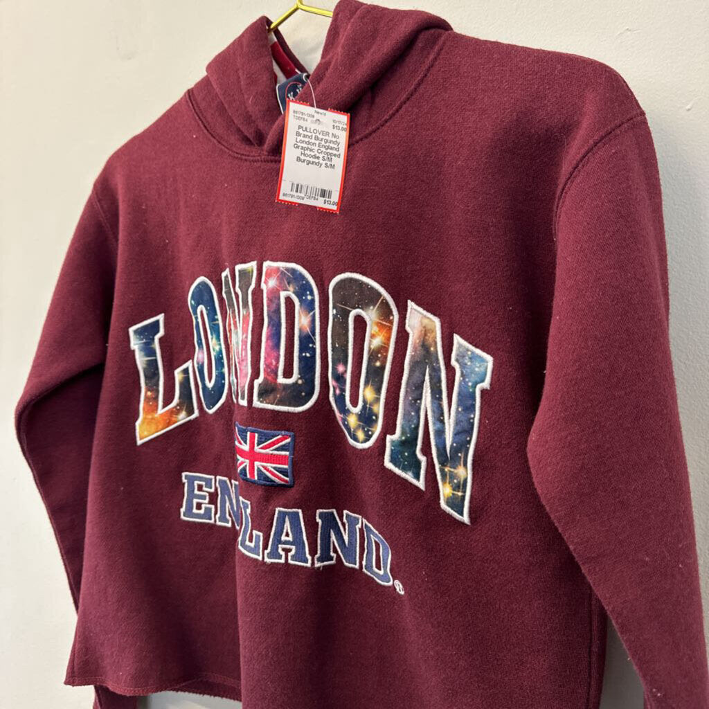 Burgundy London England Graphic Cropped Hoodie S/M