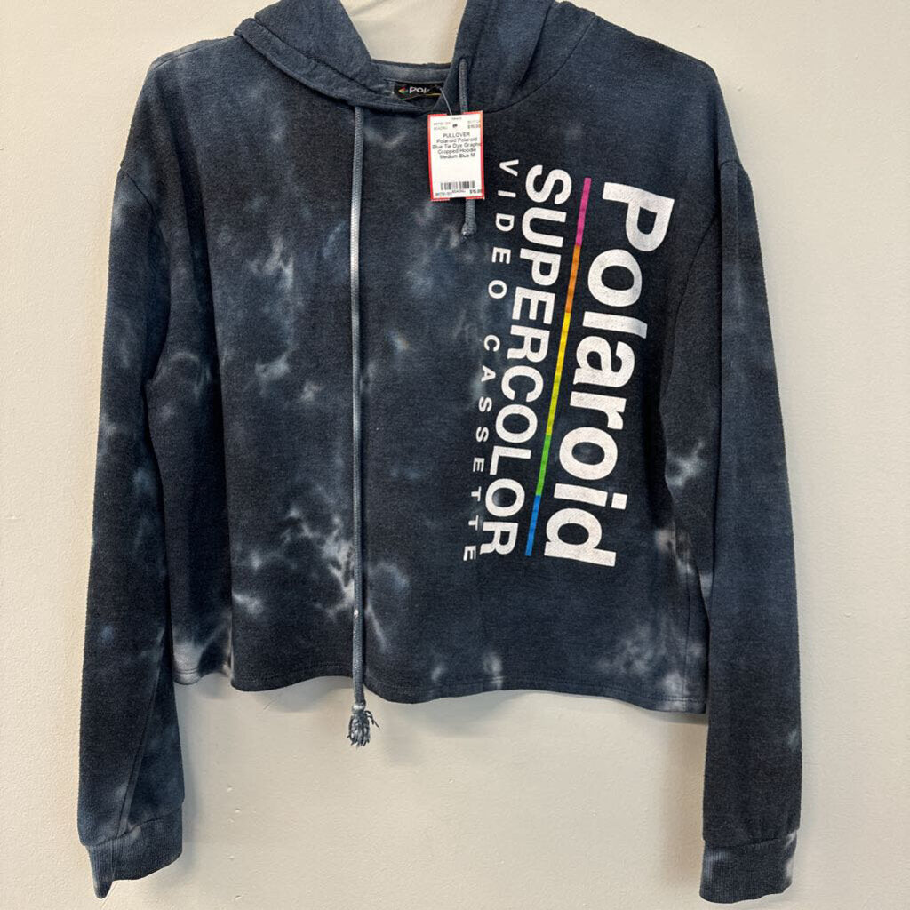 Polaroid Blue Tie Dye Graphic Cropped Hoodie Medium