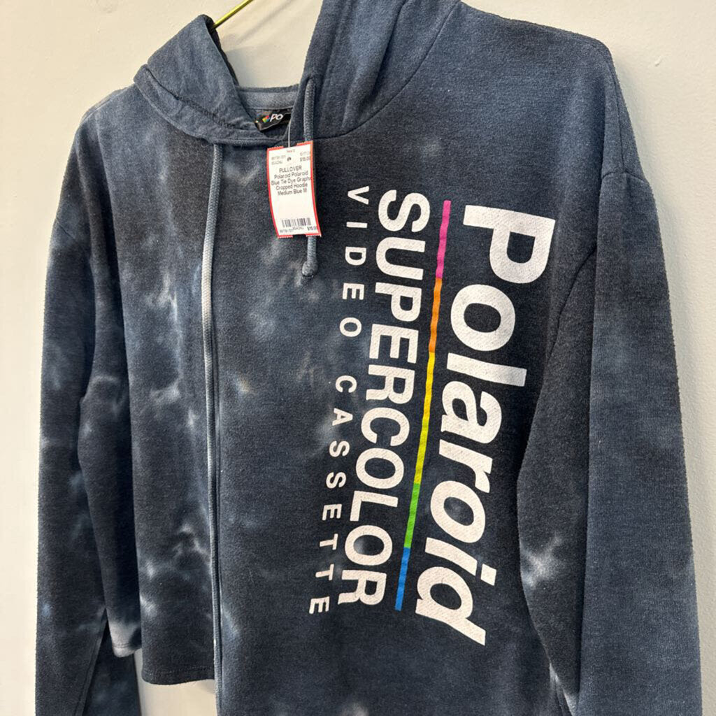 Polaroid Blue Tie Dye Graphic Cropped Hoodie Medium