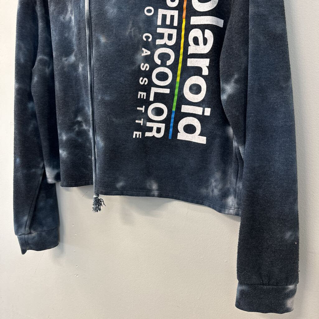 Polaroid Blue Tie Dye Graphic Cropped Hoodie Medium