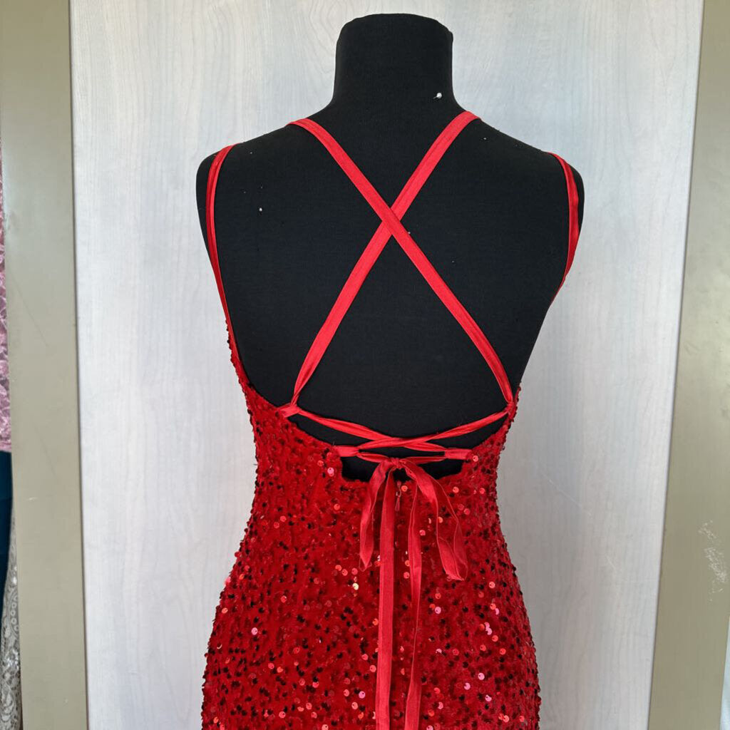 Lavetir Red Sequin Strappy Back Long Formal Medium