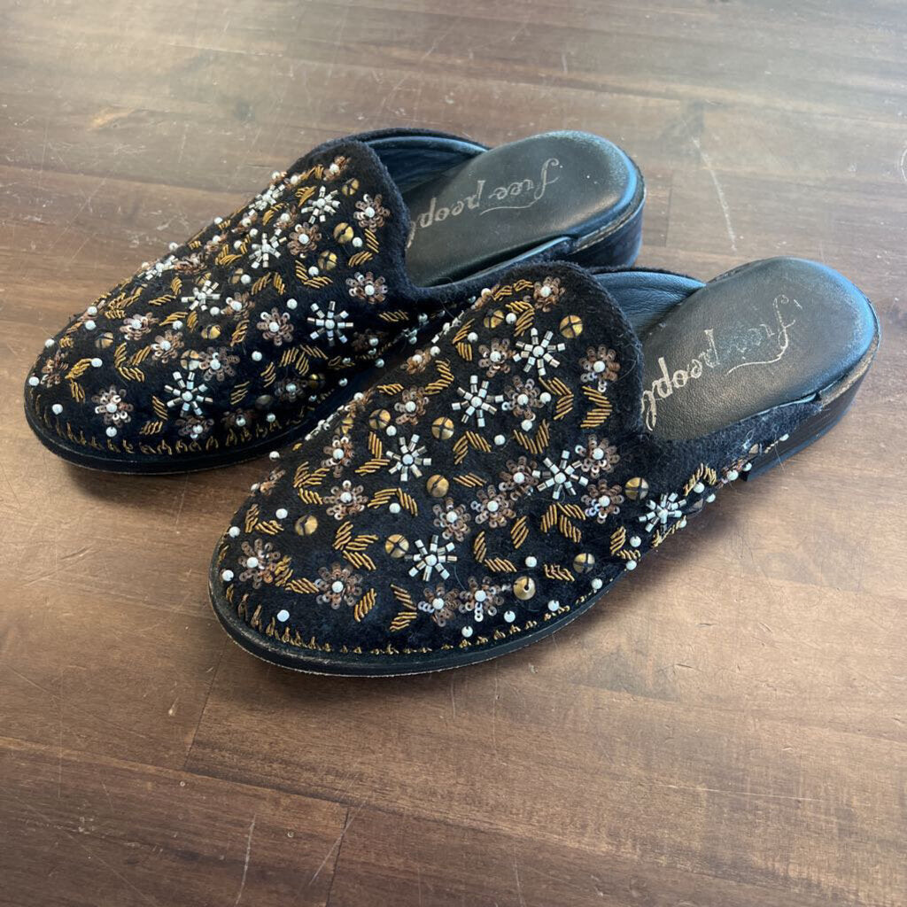 Free People Black Beaded Slip On Mules 36