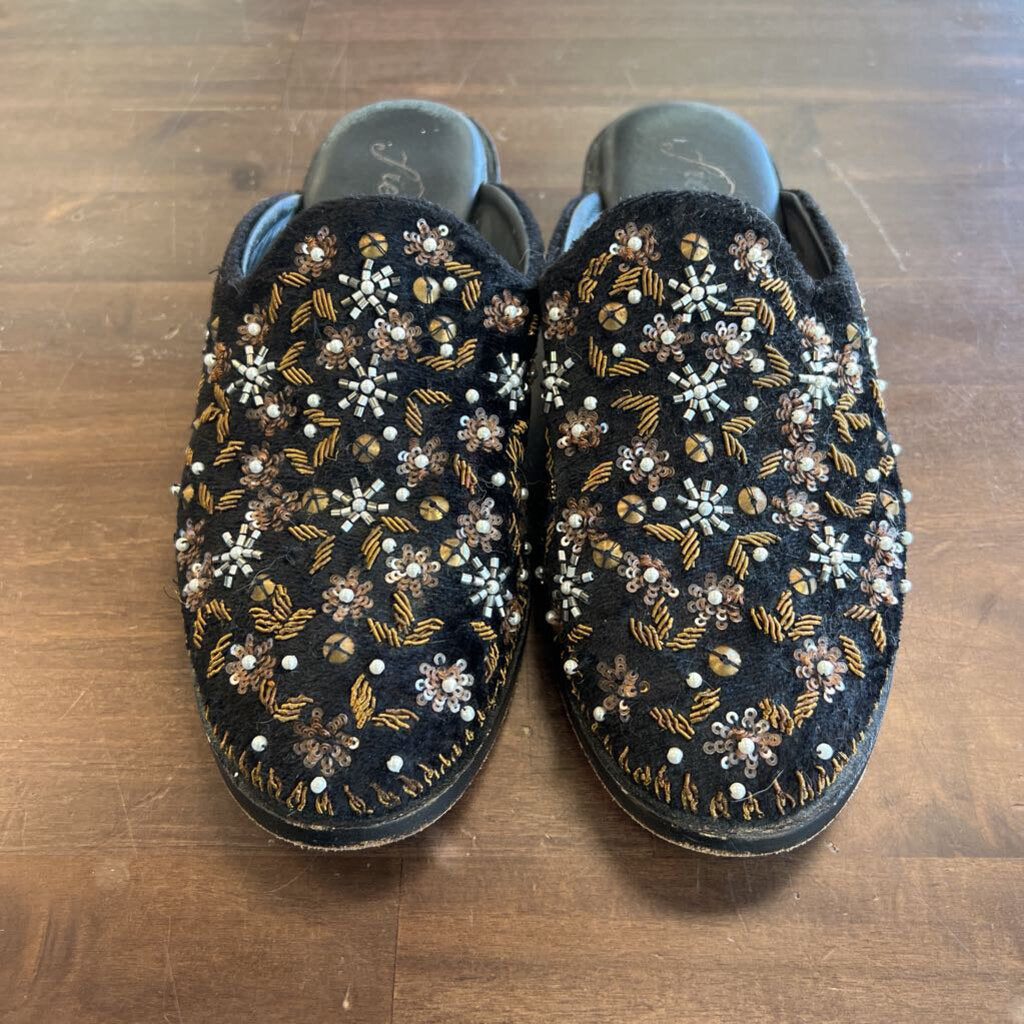 Free People Black Beaded Slip On Mules 36