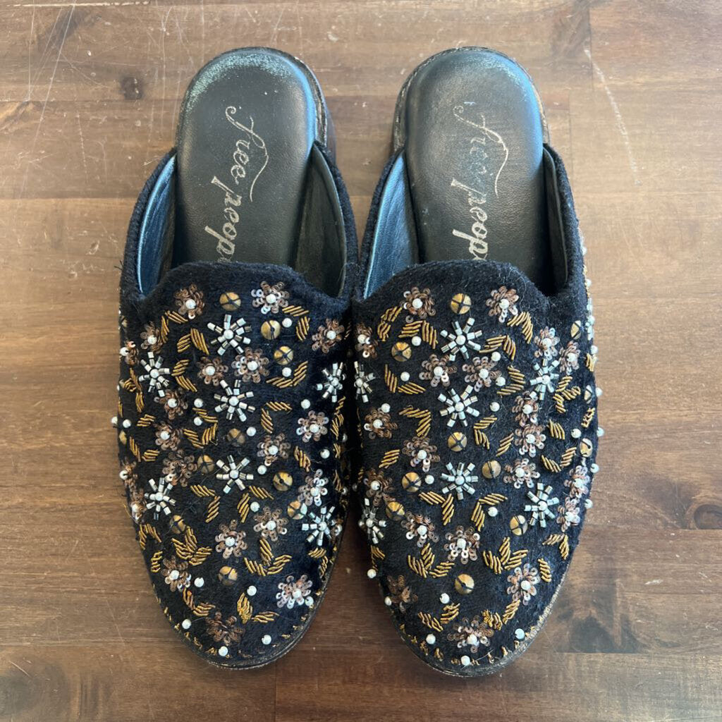 Free People Black Beaded Slip On Mules 36