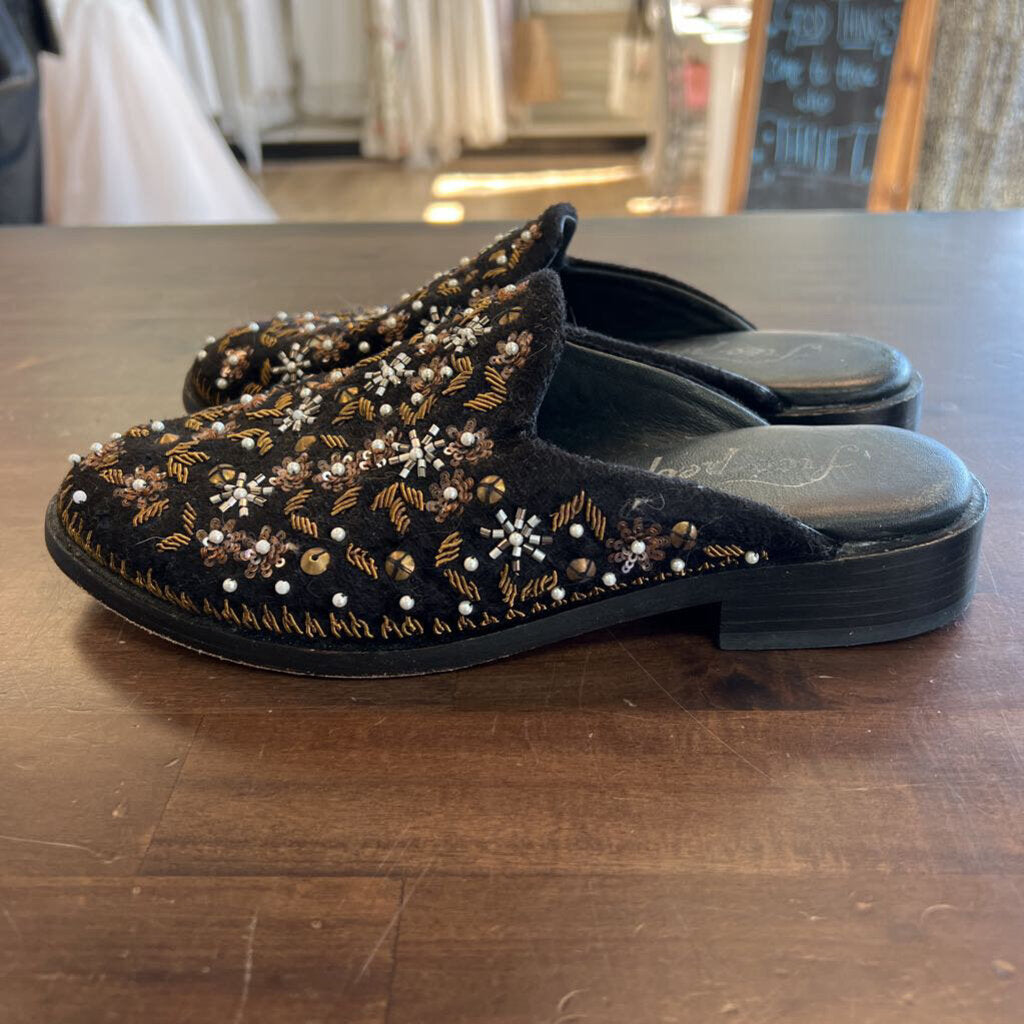 Free People Black Beaded Slip On Mules 36