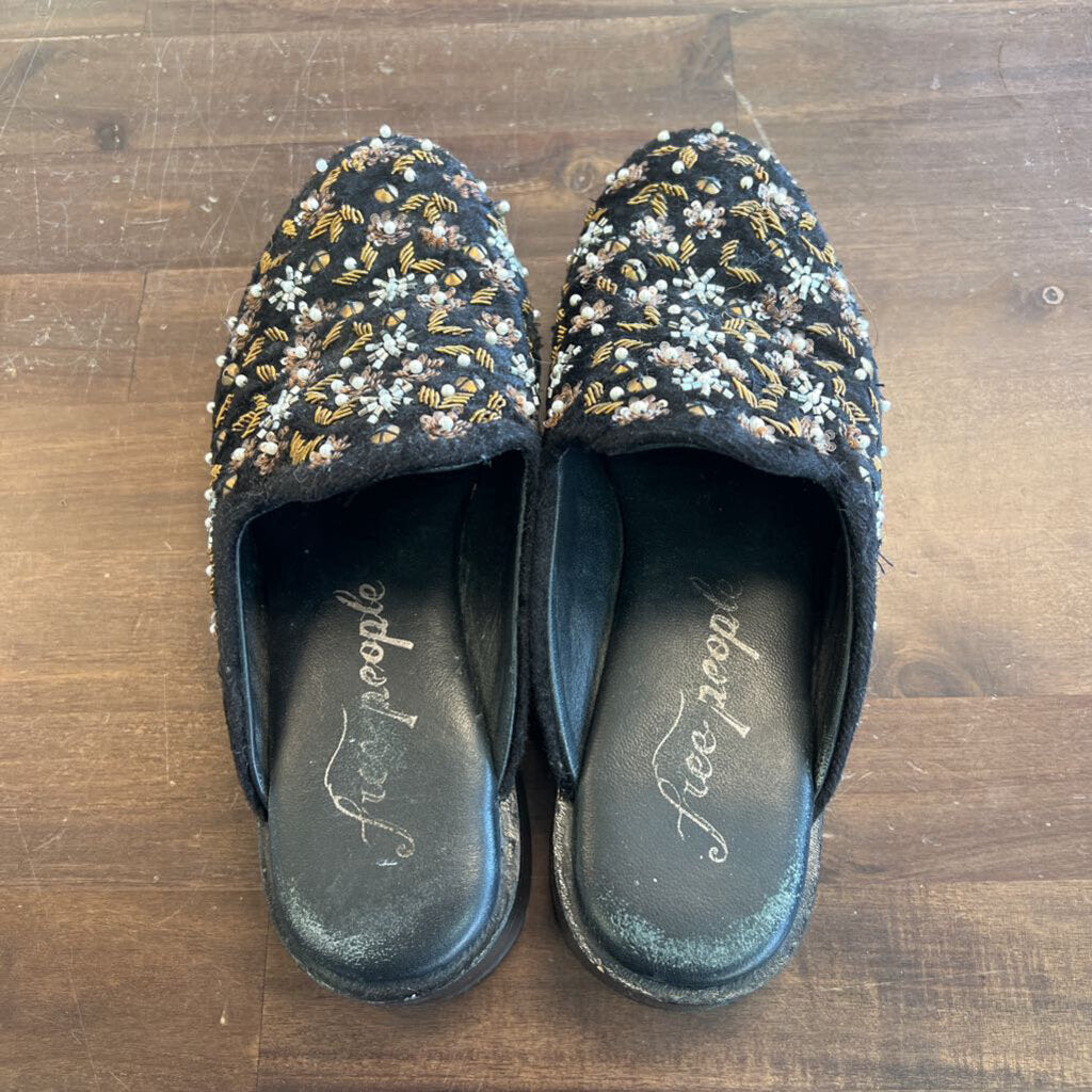 Free People Black Beaded Slip On Mules 36