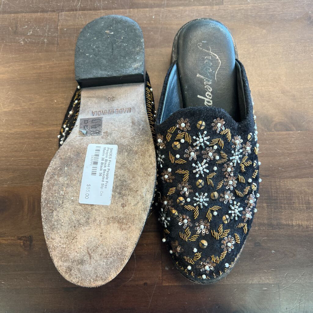 Free People Black Beaded Slip On Mules 36