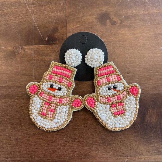 Pink/ White Beaded Snowman Dangle Earrings