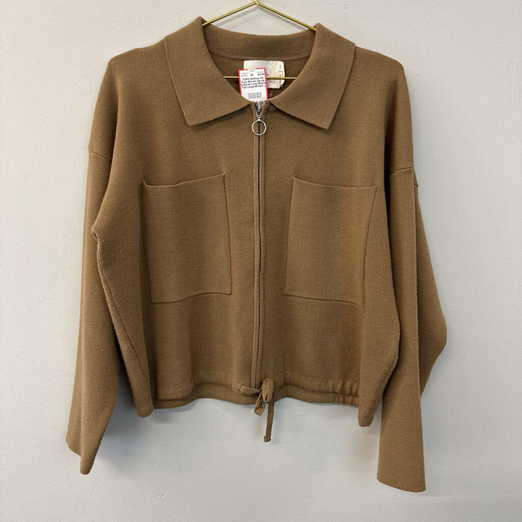 All Row Brown Zip Up Collared Long Sleeve Top Large