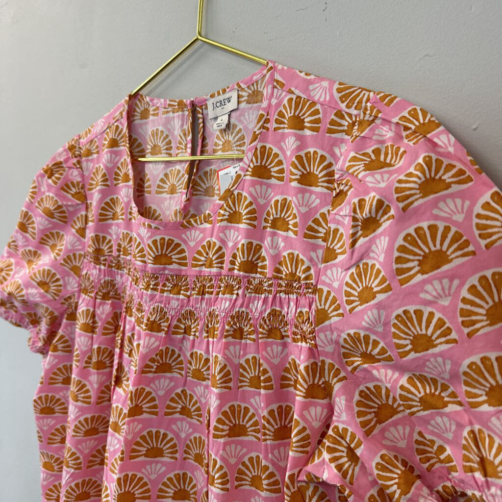 J Crew Pink/ Yellow Print Puff Short Sleeve Top Large