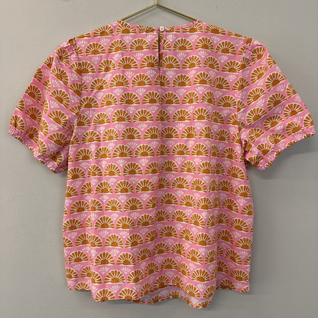 J Crew Pink/ Yellow Print Puff Short Sleeve Top Large