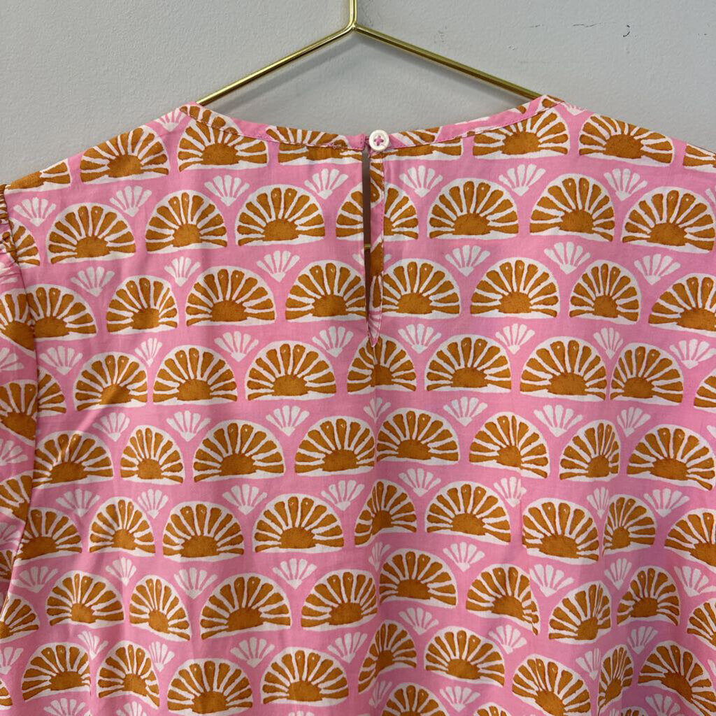 J Crew Pink/ Yellow Print Puff Short Sleeve Top Large