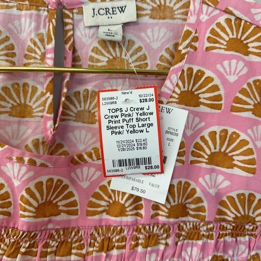 J Crew Pink/ Yellow Print Puff Short Sleeve Top Large