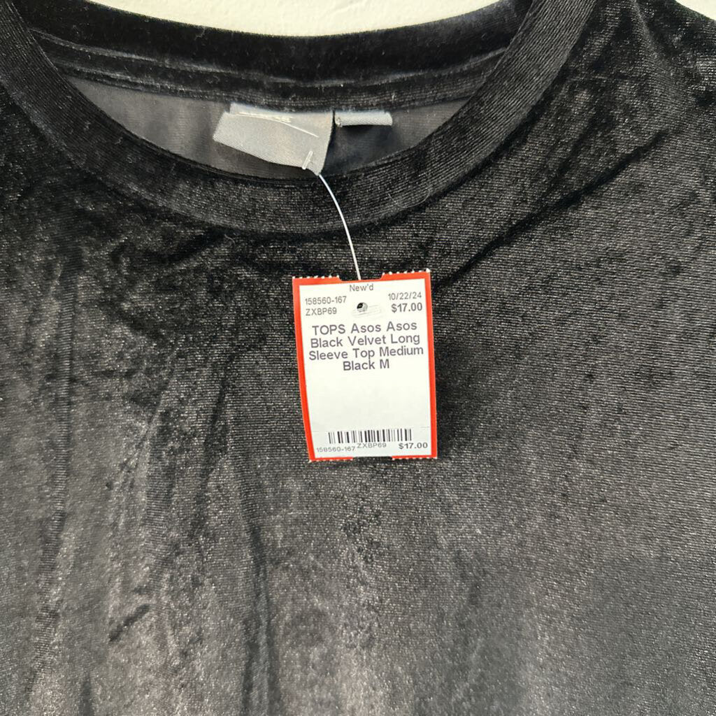 Asos Black Velvet Long Sleeve Top Medium