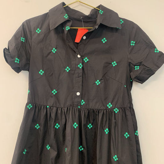 Cider Black/ Green Embroidered Clover Print Short Sleeve Midi Dress Small