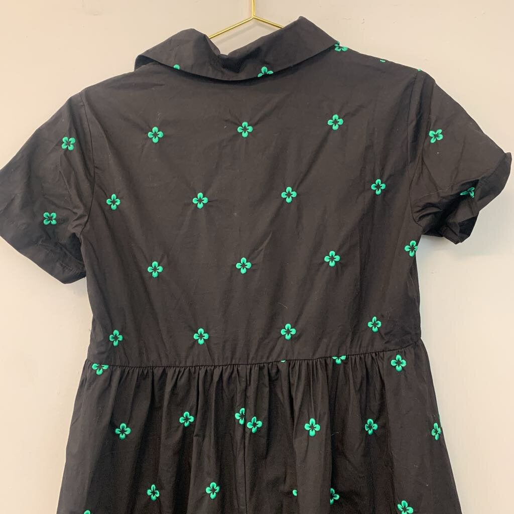 Cider Black/ Green Embroidered Clover Print Short Sleeve Midi Dress Small