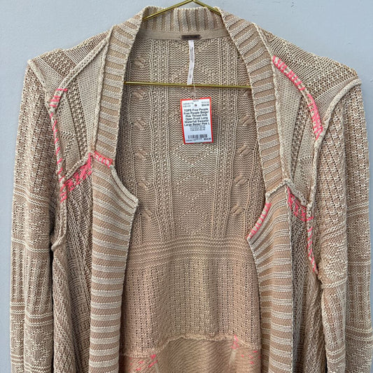 Free People Beige/ Pink Thread Knit Open Front Long Waterfall Sweater Large