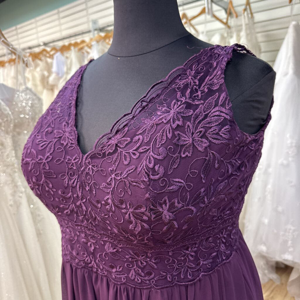 Mori Lee Dark Purple Lace V Neck Top Long Formal Dress 22