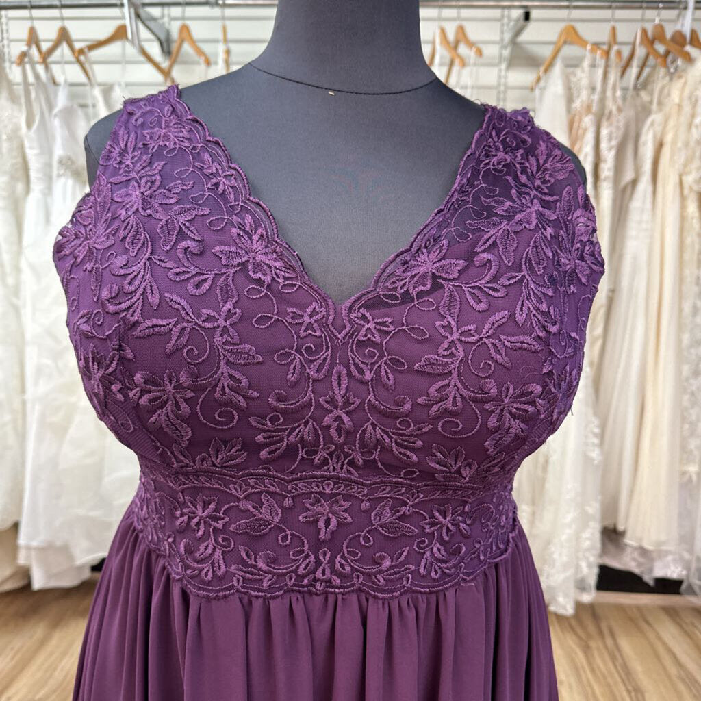 Mori Lee Dark Purple Lace V Neck Top Long Formal Dress 22