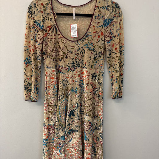 Free People Beige/ Multi Crushed Velvet Print Long Sleeve Dress Small