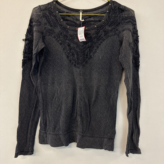 Free People Grey Embroidered Detail Long Sleeve Top Small