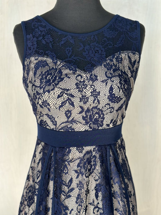 Candalite Petite Navy/ Beige Lace Long Formal Dress Medium Petite