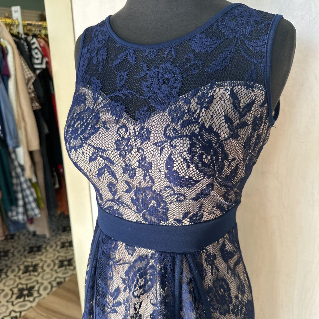 Candalite Petite Navy/ Beige Lace Long Formal Dress Medium Petite