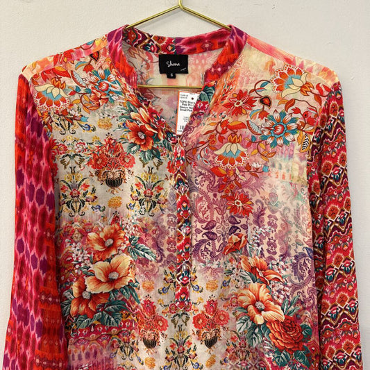 Shana Pink Print Long Sleeve Henley Top Small