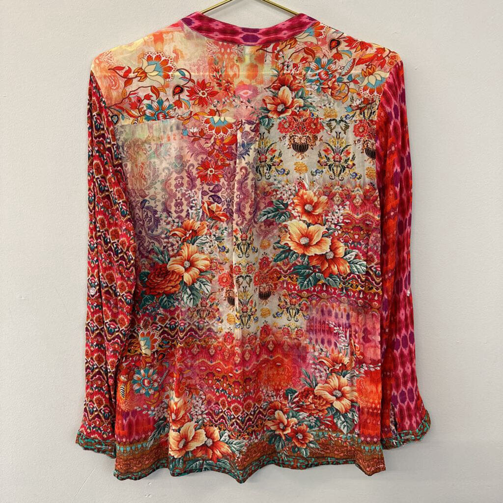 Shana Pink Print Long Sleeve Henley Top Small