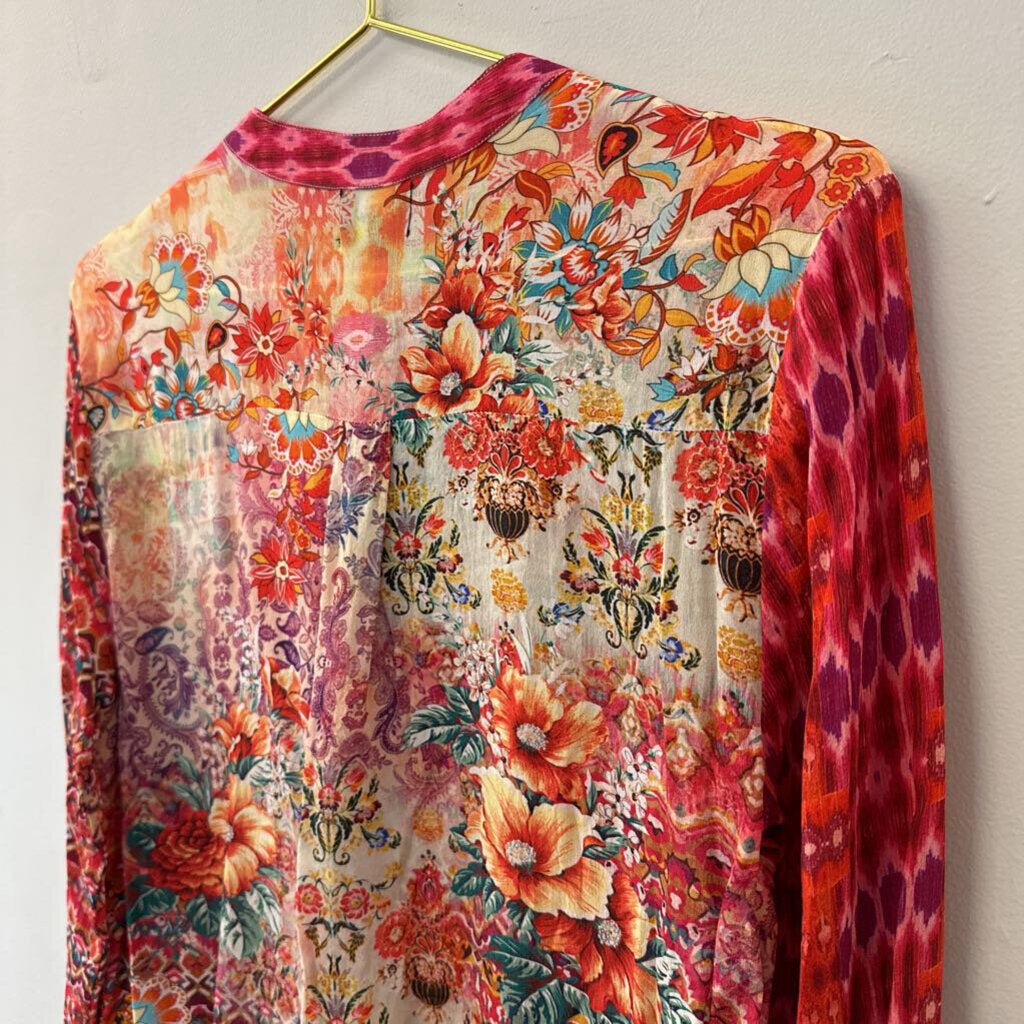 Shana Pink Print Long Sleeve Henley Top Small