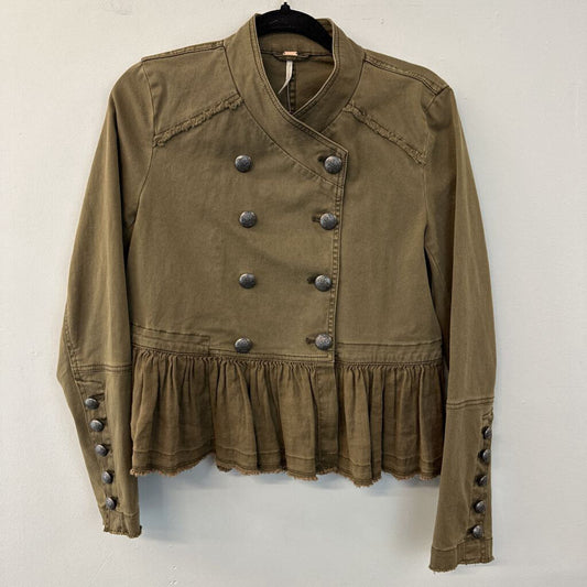 Free People Green Double Breasted Ruffle Hem Jacket Extra Small