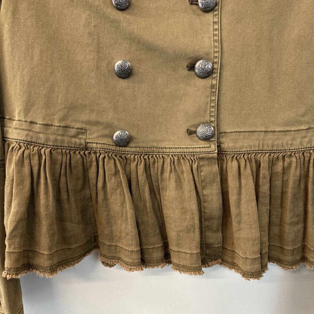 Free People Green Double Breasted Ruffle Hem Jacket Extra Small