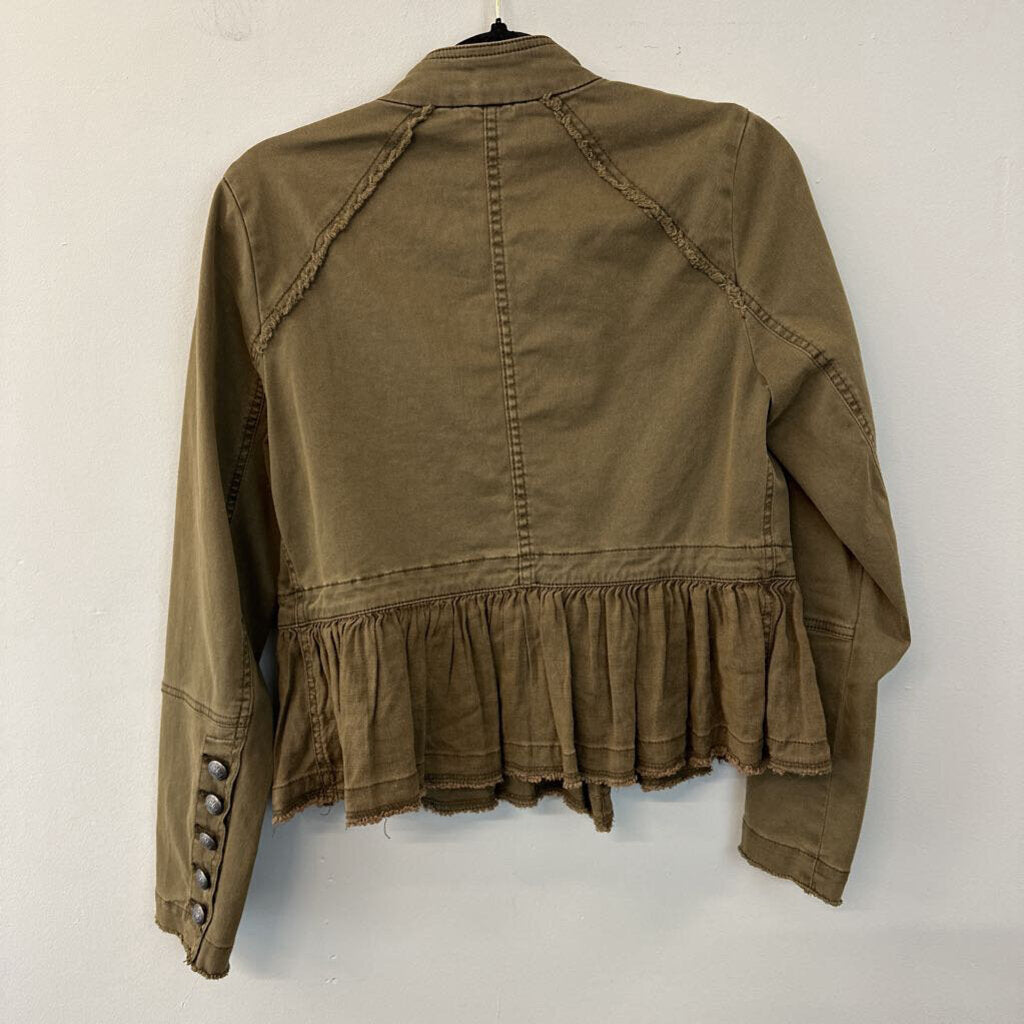 Free People Green Double Breasted Ruffle Hem Jacket Extra Small