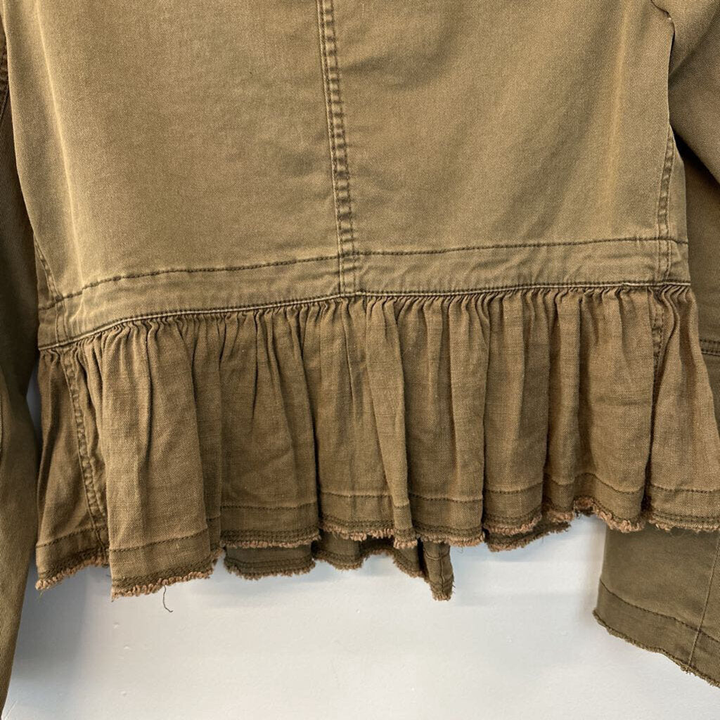 Free People Green Double Breasted Ruffle Hem Jacket Extra Small