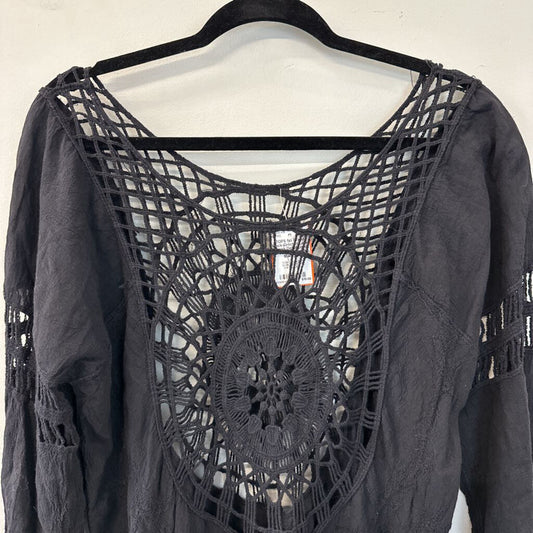 Black Crochet Lace Fringe Detail Long Sleeve Top Medium