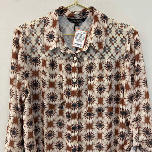 Charlie B Brown/ Cream Flower Print Long Sleeve Button Down Top Large