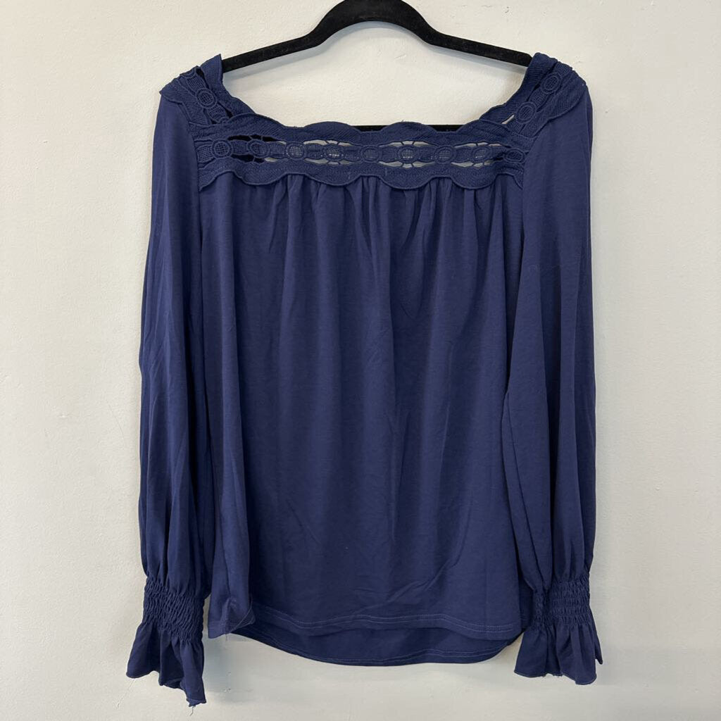 Ladmous Navy Lace Neck Long Sleeve Top Large