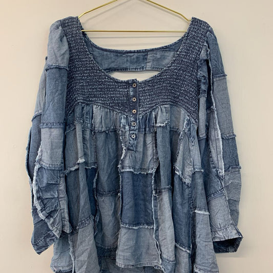 NWT A Rare Bird Denim Patchwork Long Sleeve Top One Size