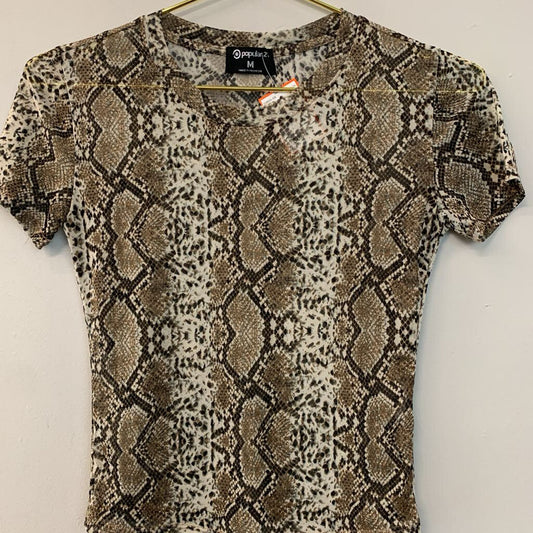 Popular 21 Brown/ Cream Snakeskin Print Short Sleeve Top Medium