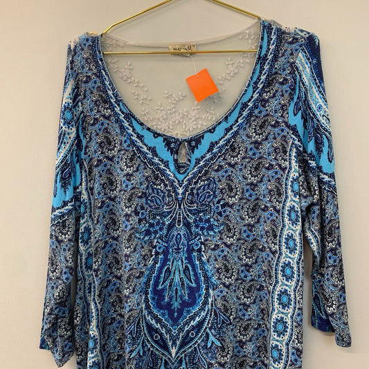 One World Blue/ White Print Long Sleeve Top 1X