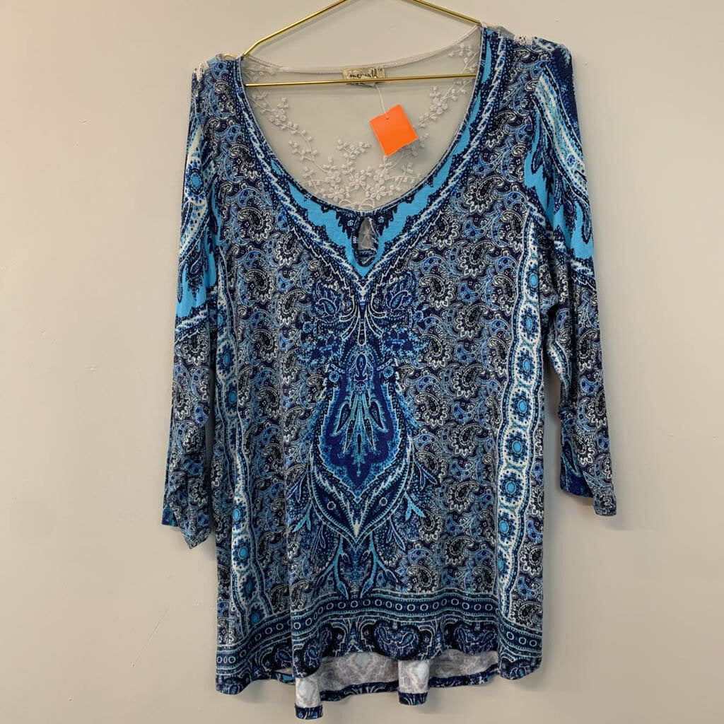 One World Blue/ White Print Long Sleeve Top 1X