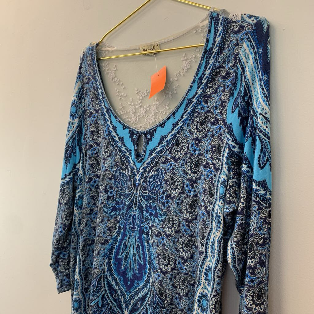 One World Blue/ White Print Long Sleeve Top 1X