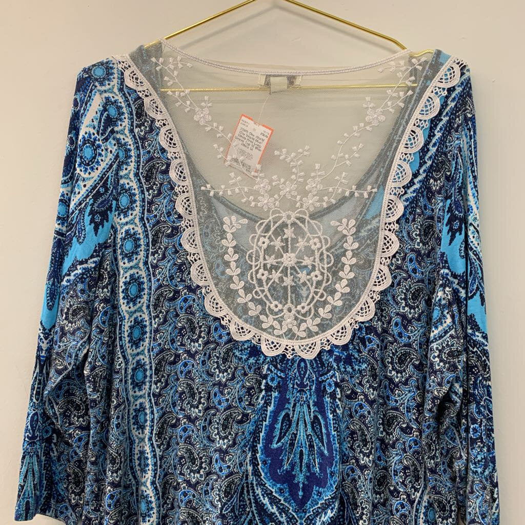 One World Blue/ White Print Long Sleeve Top 1X