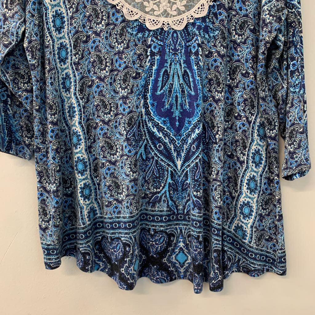 One World Blue/ White Print Long Sleeve Top 1X