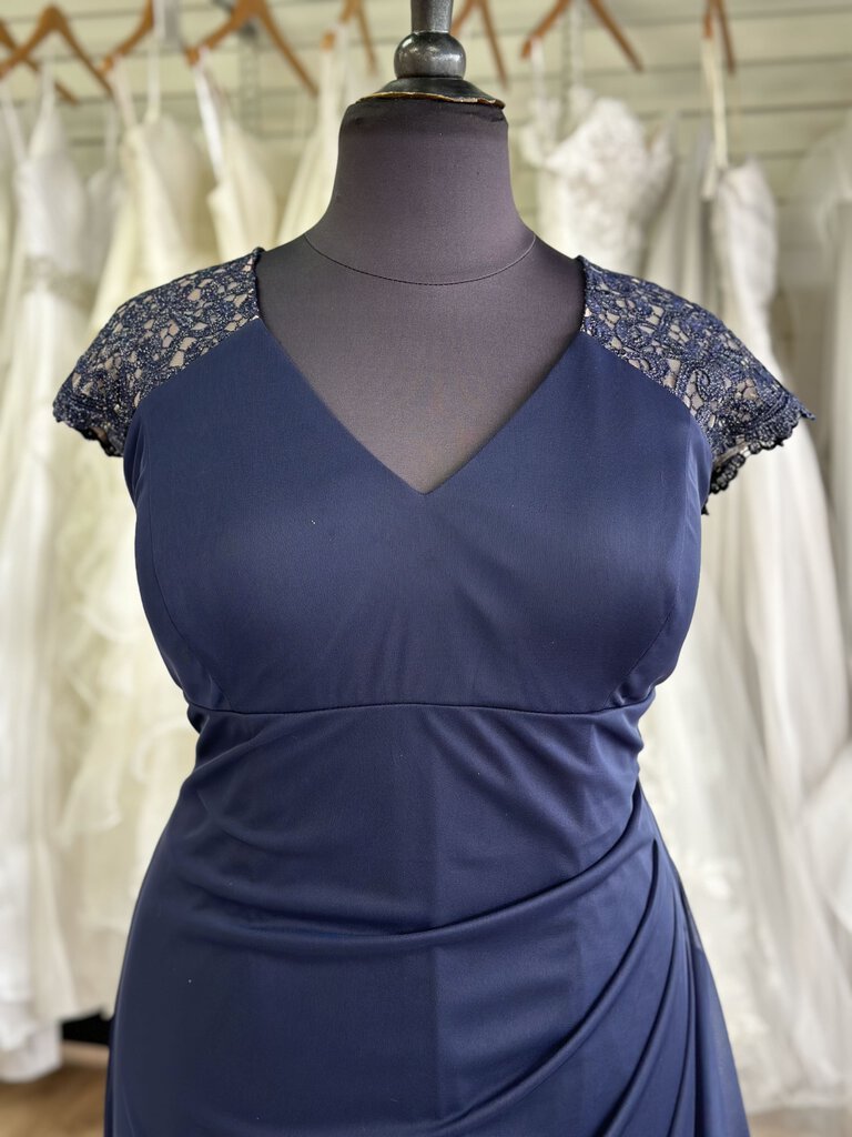 Xscape Navy Lace Short Sleeve Long Formal Dress 20W