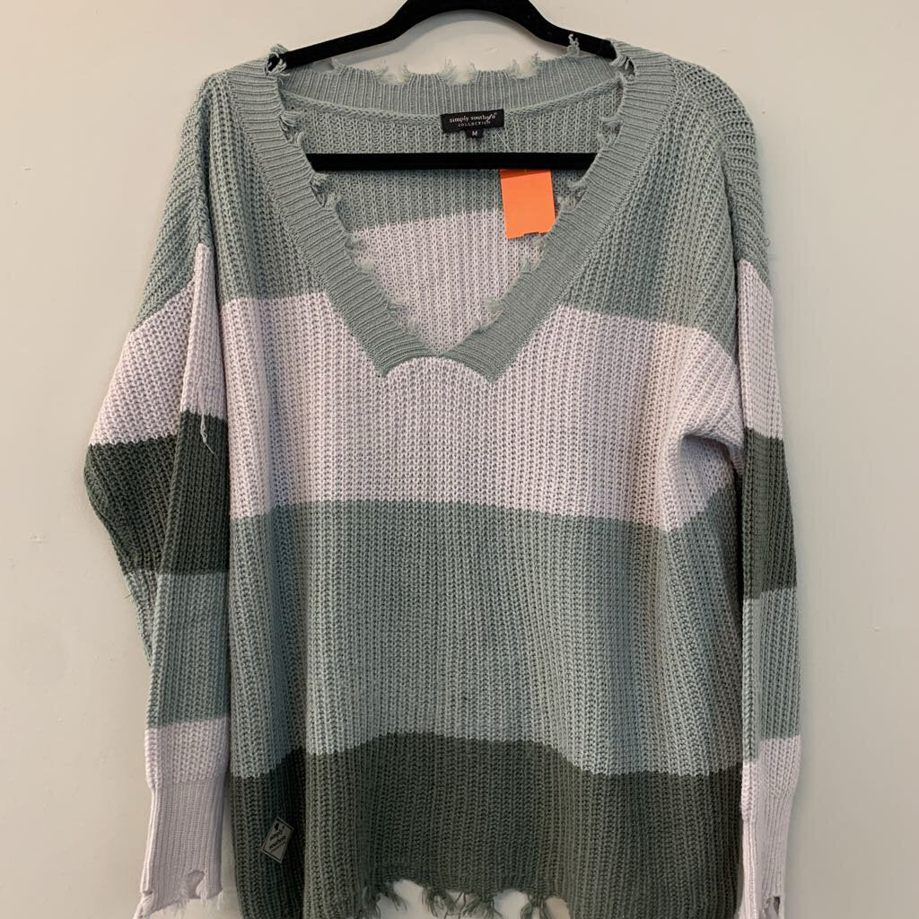 Simply Southern Green Striped Frayed Edge Sweater Medium