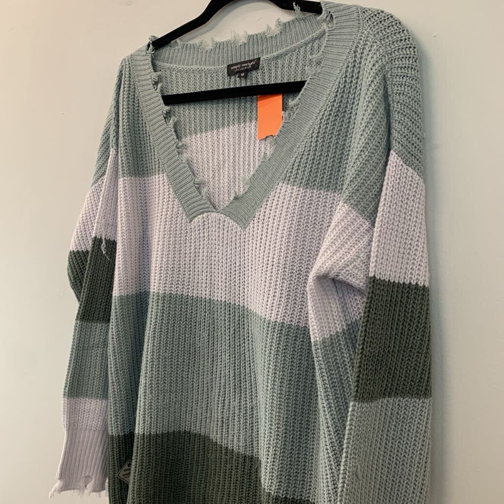 Simply Southern Green Striped Frayed Edge Sweater Medium